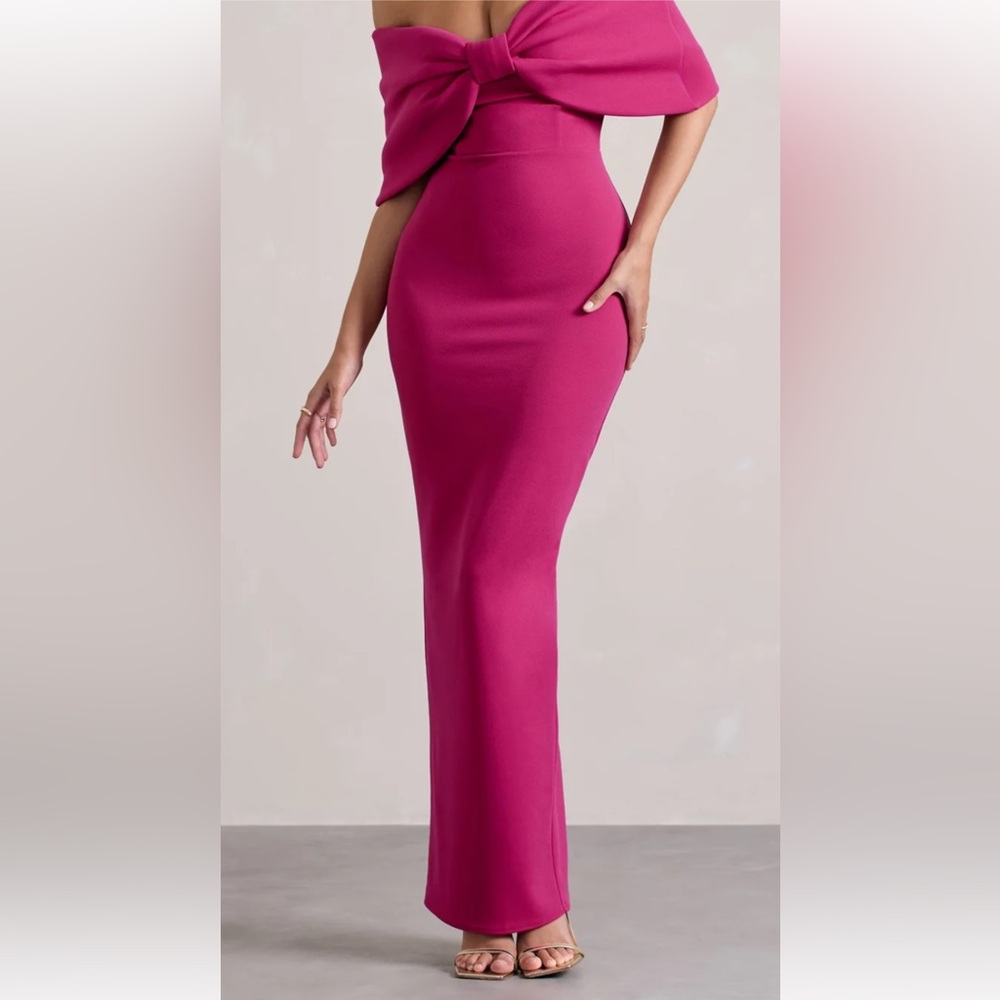 HOT PINK STRAPLESS MAXI DRESS WITH OVERSIZED BOW